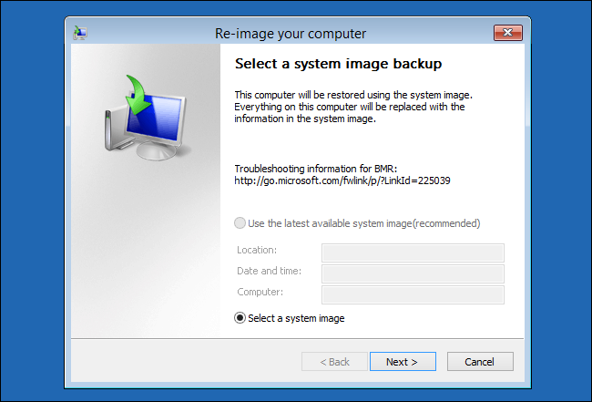 Reviewing system image backup settings before starting backup