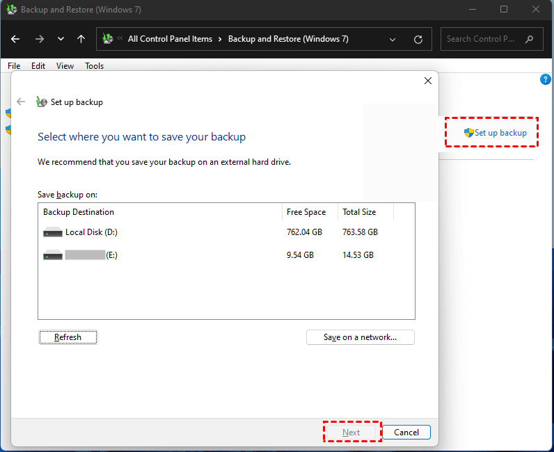 Selecting an external drive for Windows 11 system image backup