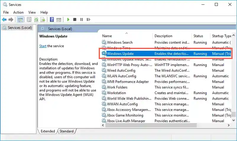 Windows 11 Services window showing the Windows Update service disabled