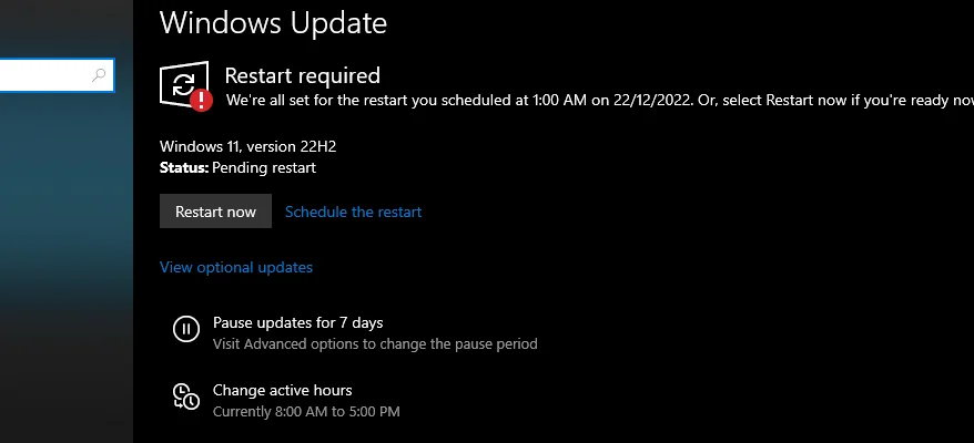 Windows 11 update asking for a restart during computer work