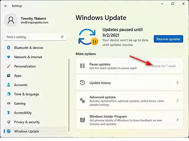 Windows 11 Settings showing the option to pause updates