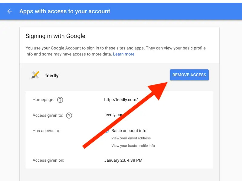 Revoking Google Account access does not necessarily delete data already stored by a third-party service