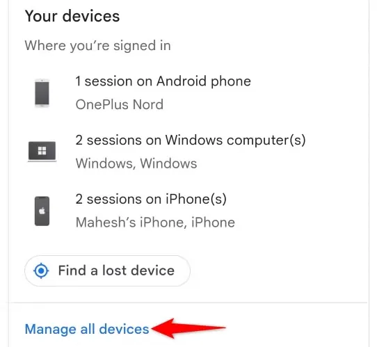 Google Account device security check showing phones, computers, and other signed-in devices