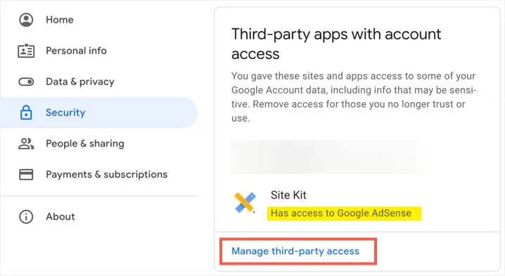 Google Account third-party connections showing apps and services with authorized access