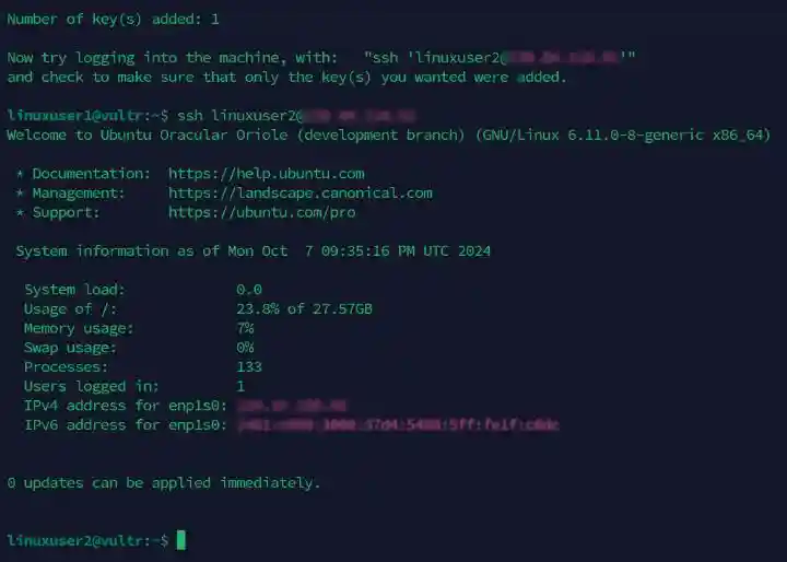 SSH key authentication connecting a local terminal to a secured Linux VPS