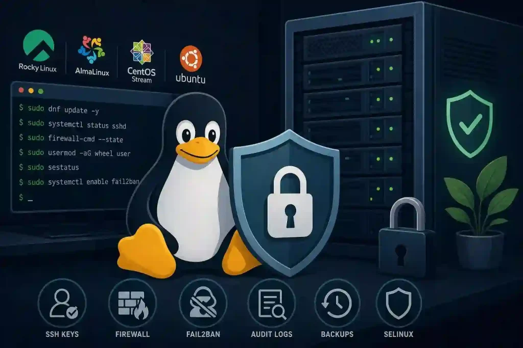 VPS hardening workflow covering system updates user permissions SSH security firewall and Fail2ban